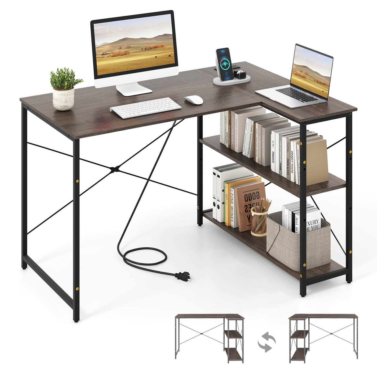 Costway 48'' Reversible L Shaped Computer Desk Home Office Table Adjustable Shelf Brown\Gray\Natural
